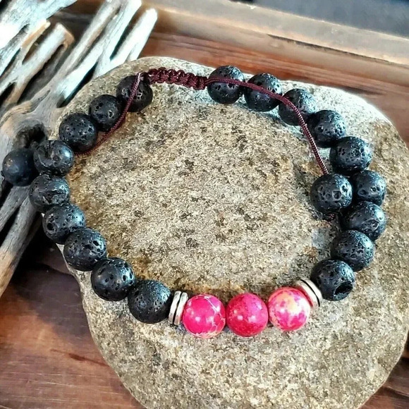 Handcrafted Chakra Bracelet Deep Pink Aqua Terra Jasper Black Lava - Picture 1 of 7